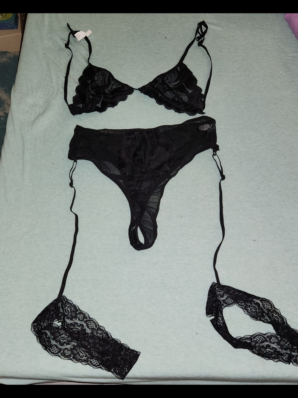 NEW Black Lace Three-Piece Lingerie Set